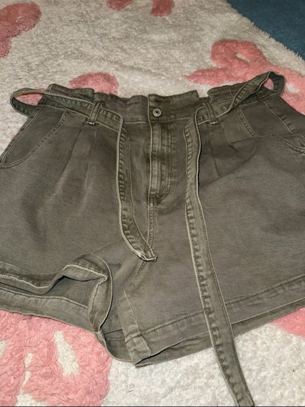 American Eagle Outfitters Olive Green Paperbag Tie-Waist Shorts